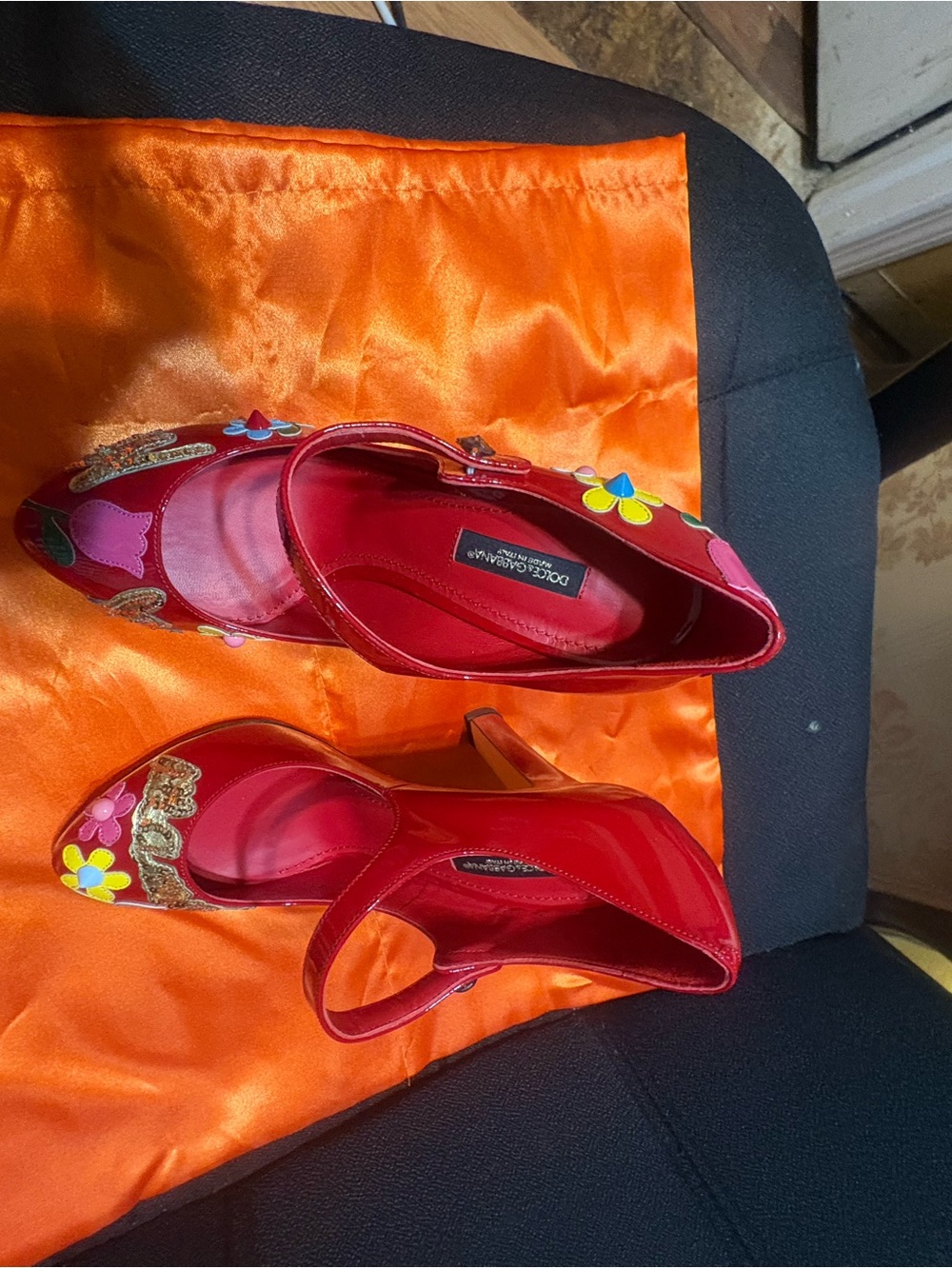 Dolce & Gabbana Bright Red Satin Floral Appliqué Mary Jane Heels